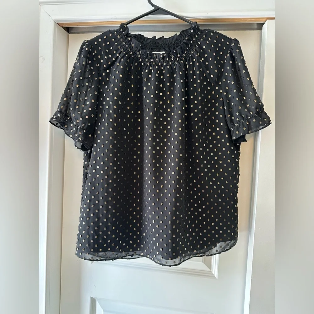 NEW J. Crew Black Gold Metallic Polka Dot Flowy Short Sleeve Baby Doll Blouse S